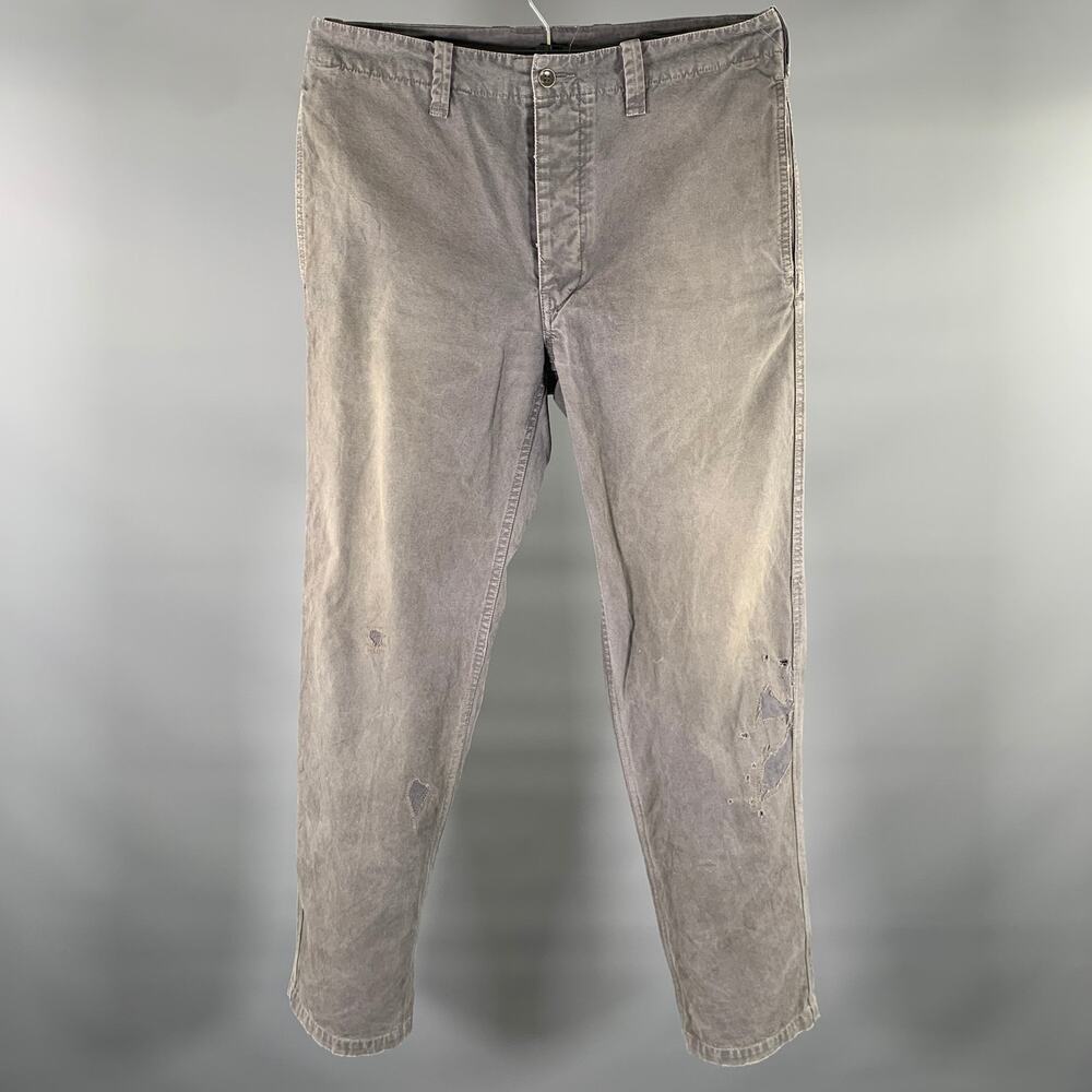 VISVIM Size L Grey Distressed Cotton Button Fly Casual Pants